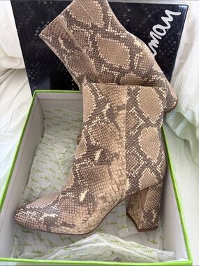 Sam Edelman Beige Snake-Print Block Heel Ankle Boots
